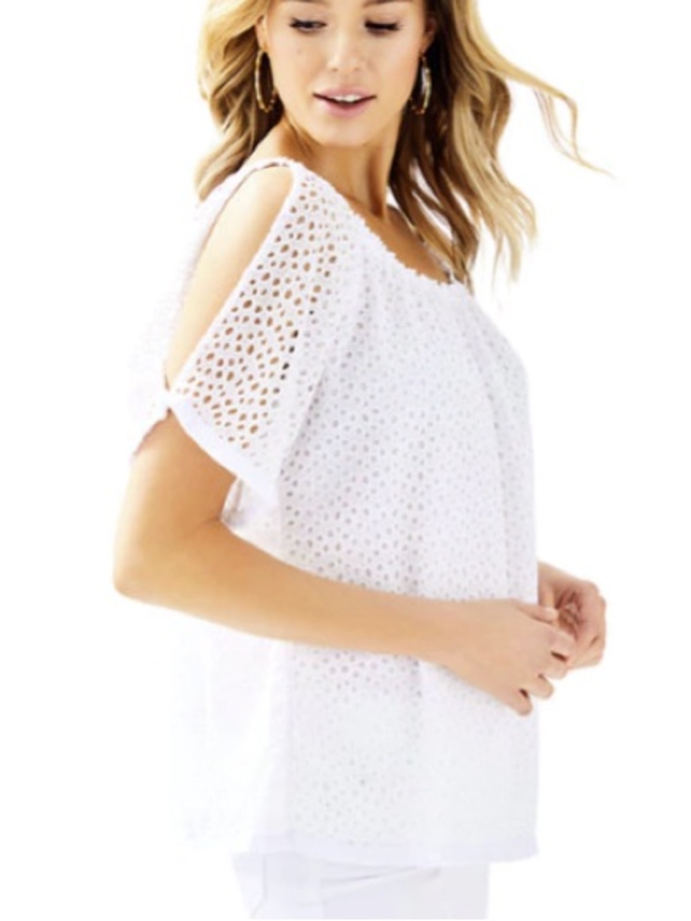Lilly Pulitzer Cold Shoulder Top Resort White Eyelet Crinkle Chiffon Sz L